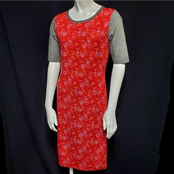 LuLaRoe Julia Red, Purple, & Gray Floral Dress (Small) - Picture 2 of 6